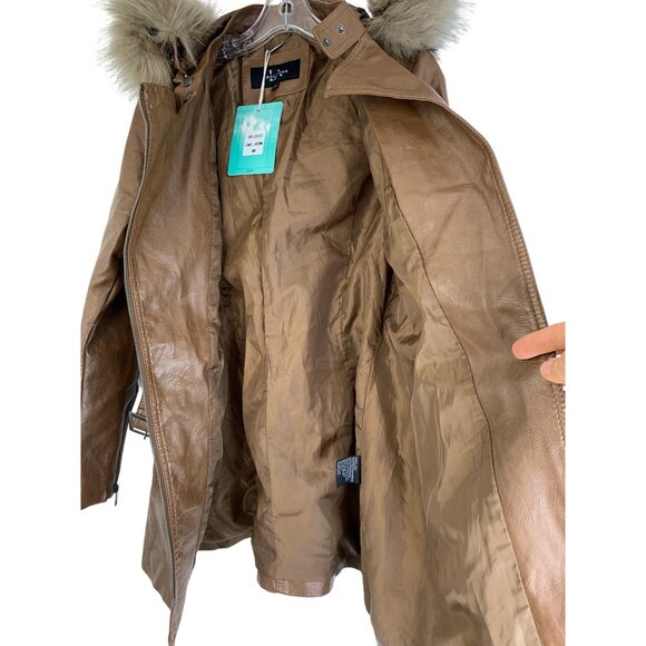 NWT LA Coalition Brown Faux Leather Coat Fox Fur Trim Hood Size S NWT RDD10672 - Picture 5 of 11